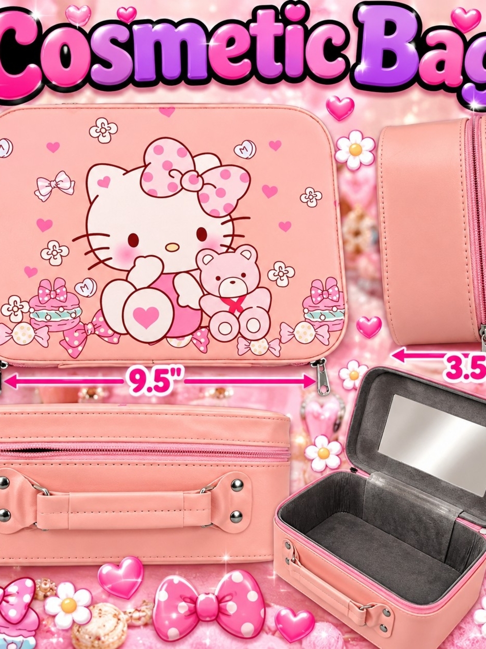 6.5 Inches Tall 9.5 Inches W Hello Kitty Pink Kids Cosmetic Case with Mirror
